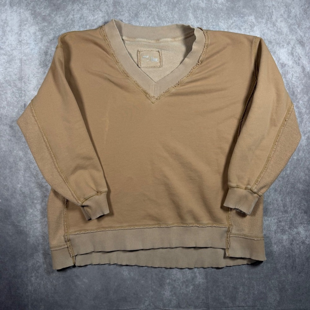 Aerie Womens V-Neck Oversized Sweatshirt Tan Raw Edge French Terry Size M